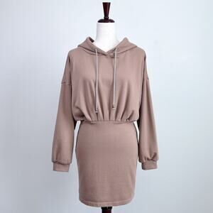 Idem Ditto Long Sleeve Sweatshirt Latte Brown Cotton Hoodie Mini Dress MEDIUM